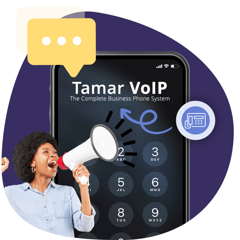Woman shouting with a complete voip phone system