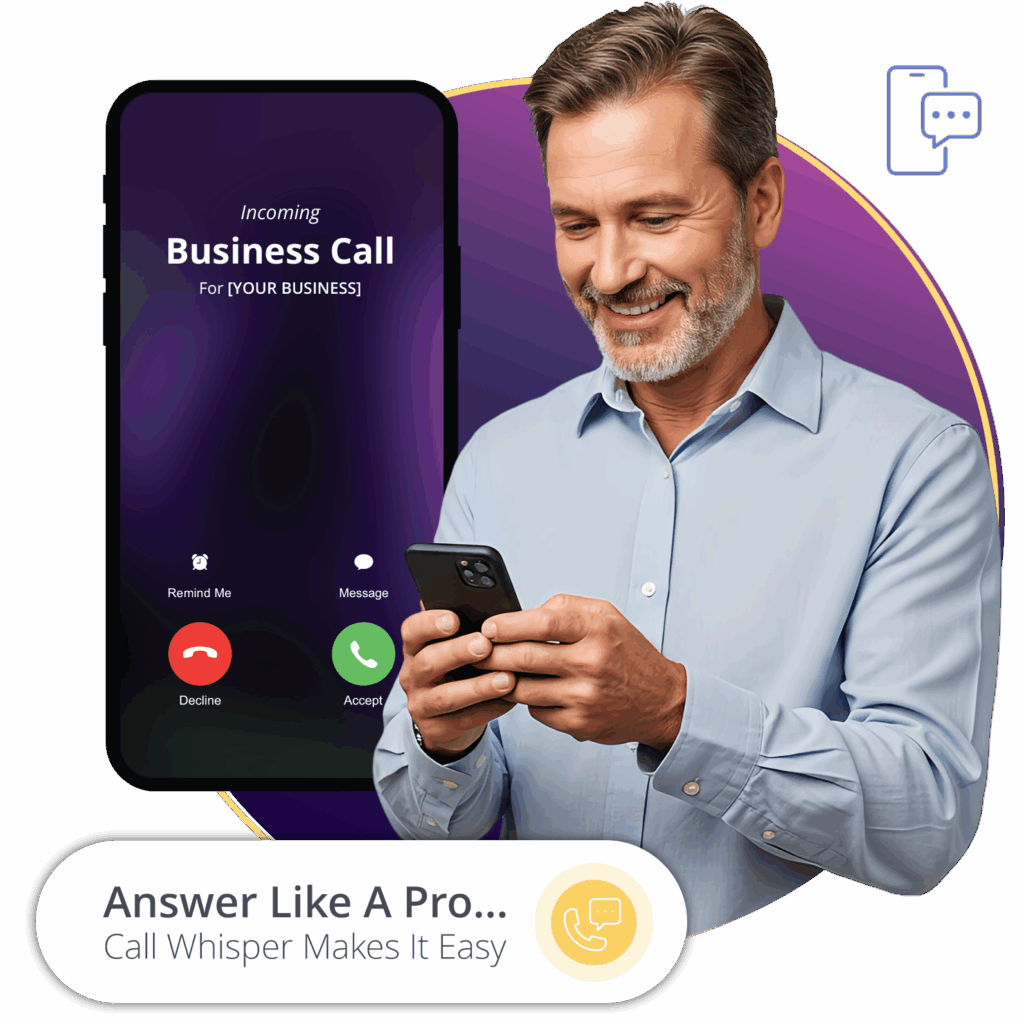 Man on the phone using tamar telecom call whisper feature