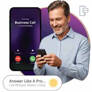 Man on the phone using tamar telecom call whisper feature