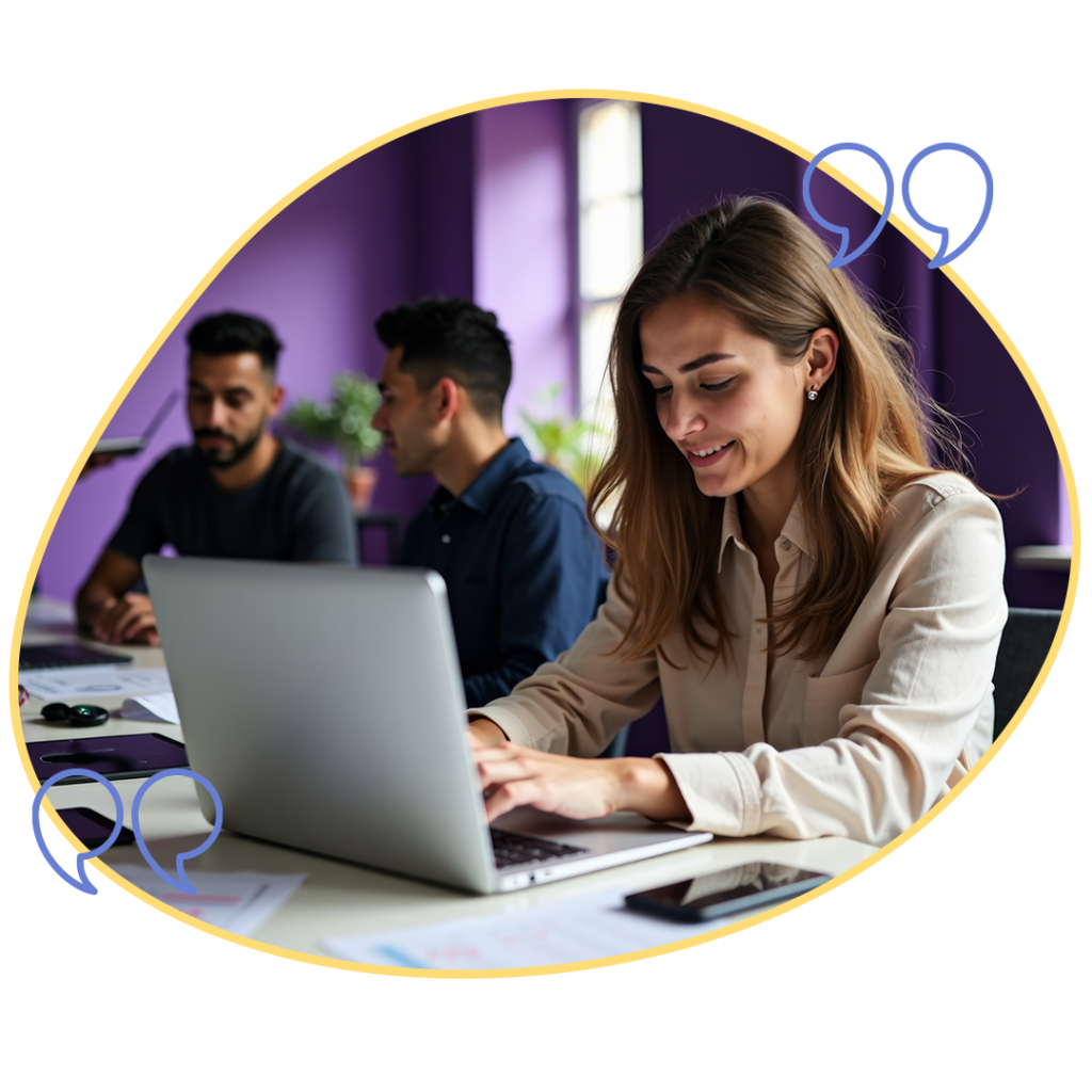 Woman working on laptop using her cloud voip phone