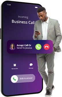 Virtual Landline man next to busines phone